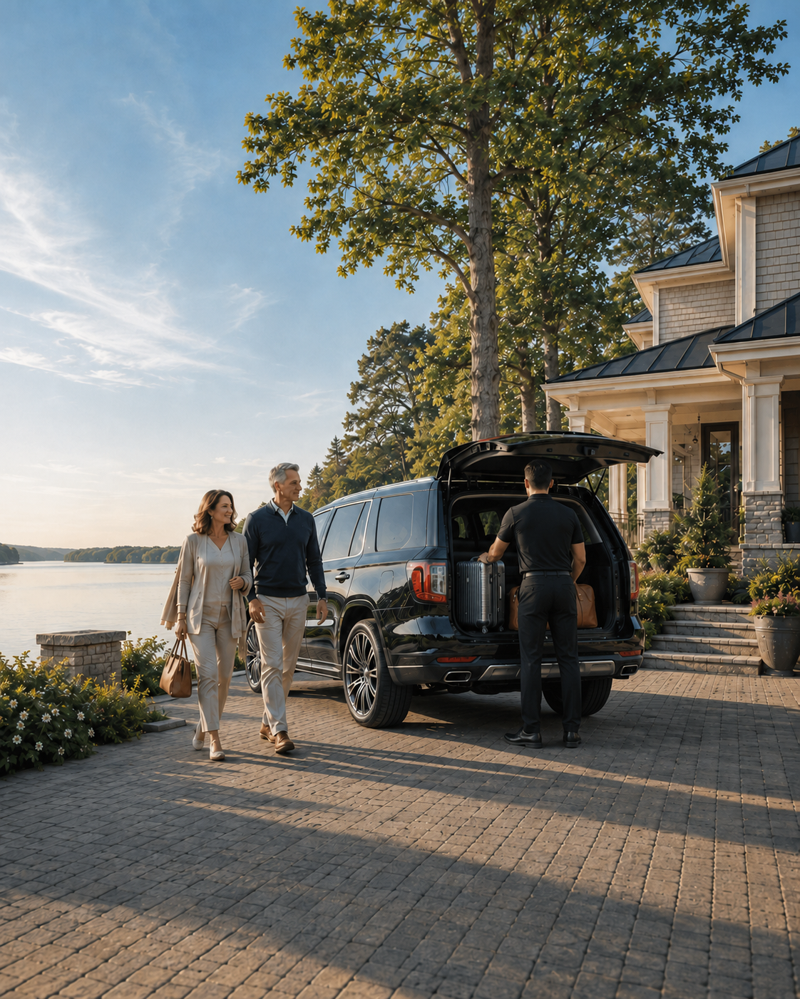 A couple is leaving their house for a trip, walking towards a black SUV with luggage in the trunk, where a man is loading more bags. The house is large and modern with a porch and potted plants, and the scene is set near a lake during sunset with trees and blue sky.