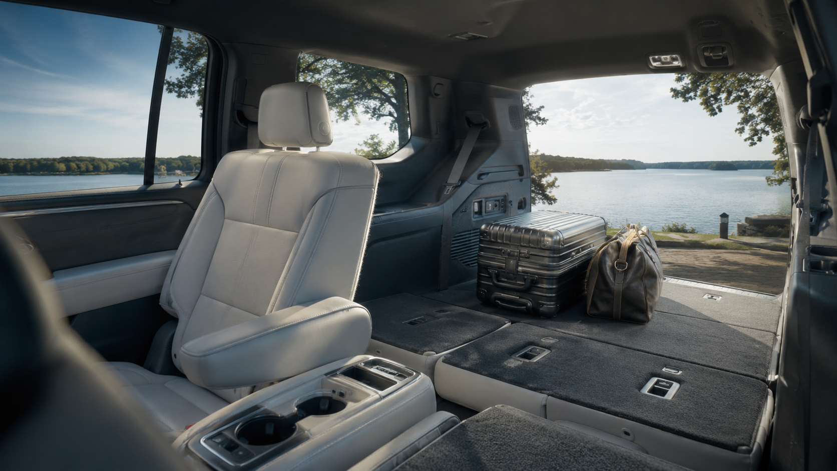 Interior of an SUV with luggage and a bag, overlooking a lake and trees outside.