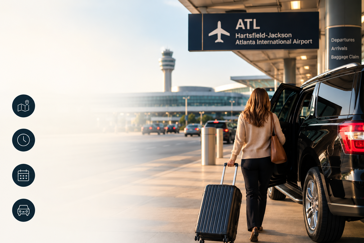 A woman with brown hair, wearing a beige sweater and black pants, is getting into a black SUV at Atlanta International Airport. She carries a brown shoulder bag and pulls a black rolling suitcase. In the background, there is a sign indicating the airport amenities and the Atlanta airport control tower.