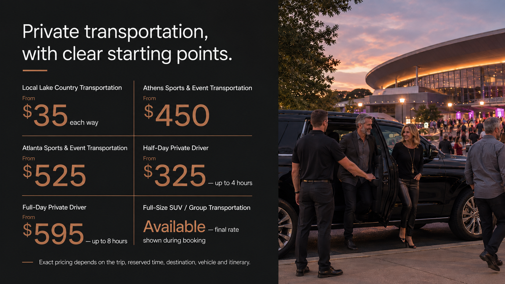 A promotional image advertising private transportation services with pricing options and a photo of people arriving at an event venue during sunset.