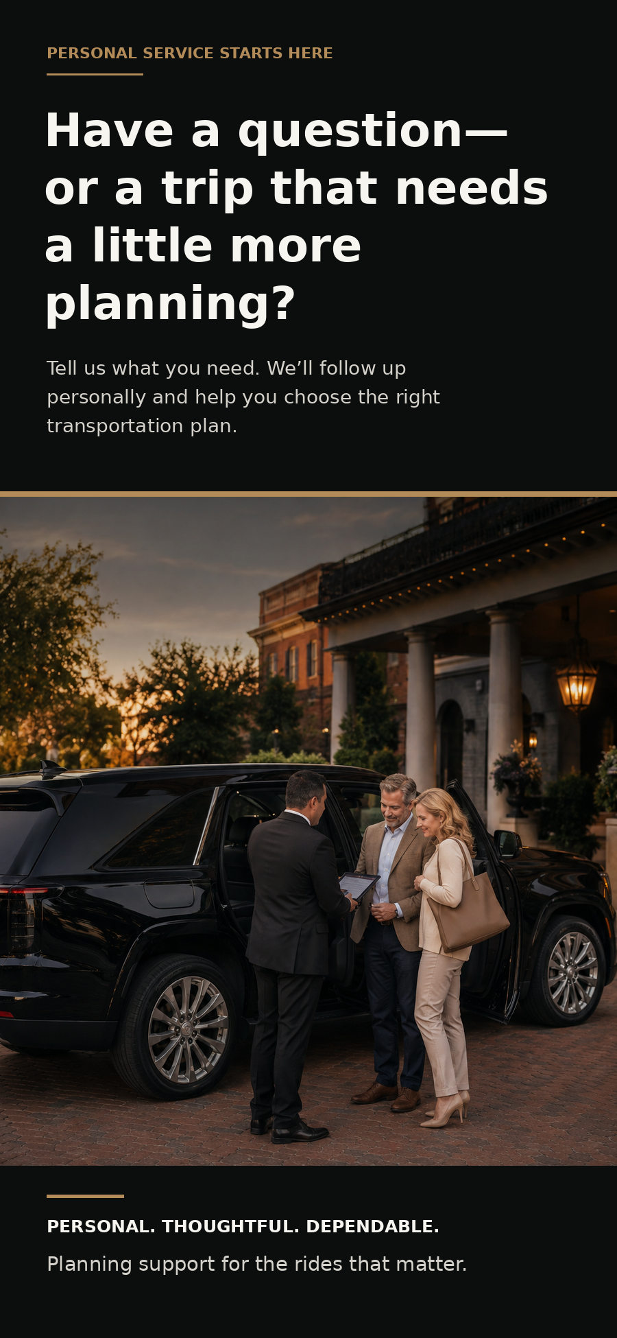 A promotional graphic for a ride service features a couple and a driver standing by a black SUV outside a building at sunset. The man and woman are engaged in conversation with the driver, who is showing them something on a tablet.