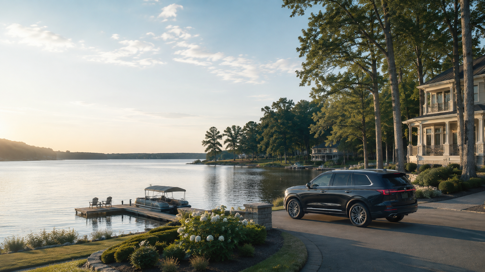 A lakeside residential area with a dock, boat, and chairs by the water. A black SUV is parked on the driveway near a white, multi-story house with a porch. Tall trees line the property, and the scene is bathed in warm, late afternoon sunlight.