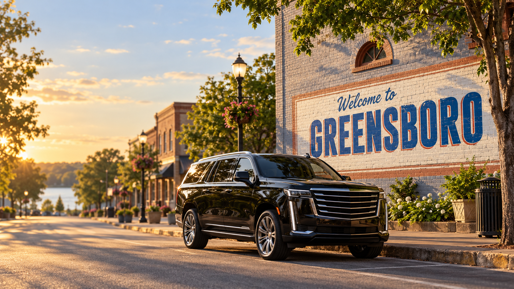 Black SUV beside a Welcome to Greensboro sign, illustrating transportation in Greensboro, Georgia.