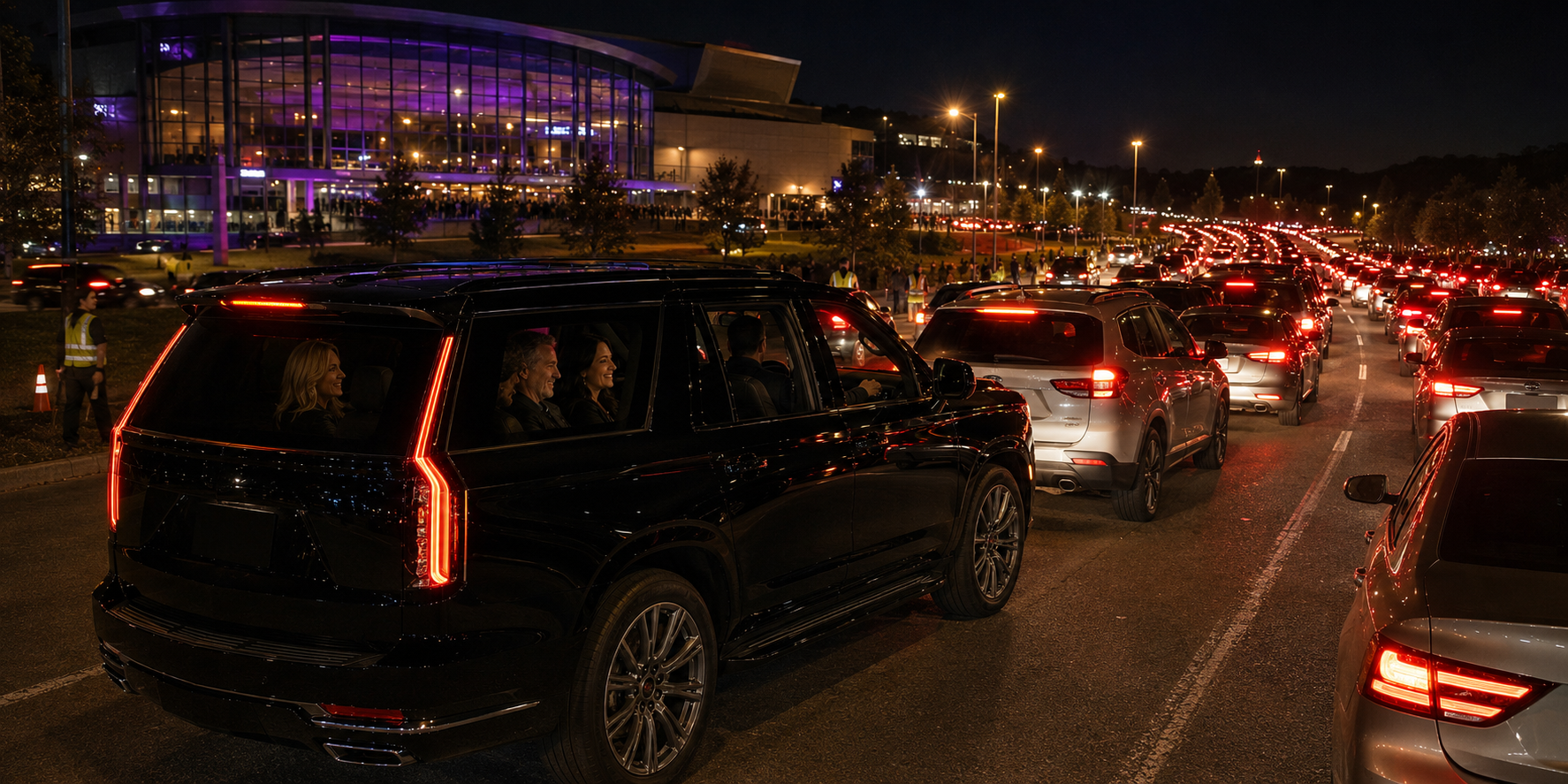 Long line of cars waiting in traffic at night outside a large, brightly lit building with purple lighting.