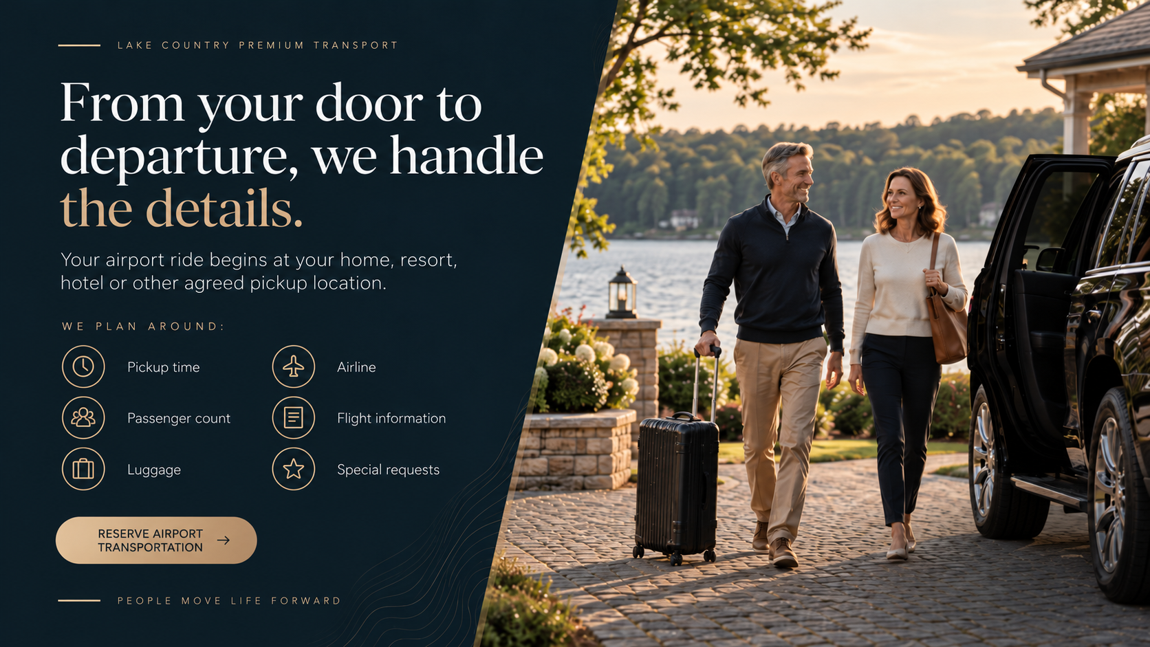 Airport transportation graphic showing travelers with luggage beside a black SUV at sunset.