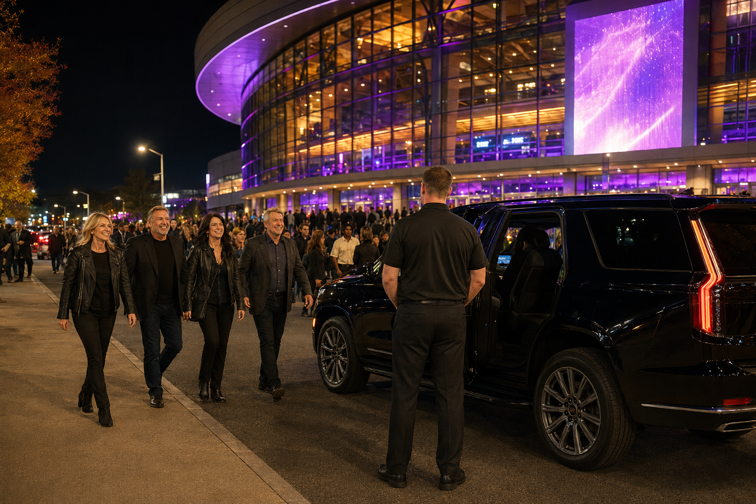 Four smiling people walking outside at night in front of a black car with an open door, with a large modern building with purple lighting and a crowd in the background.