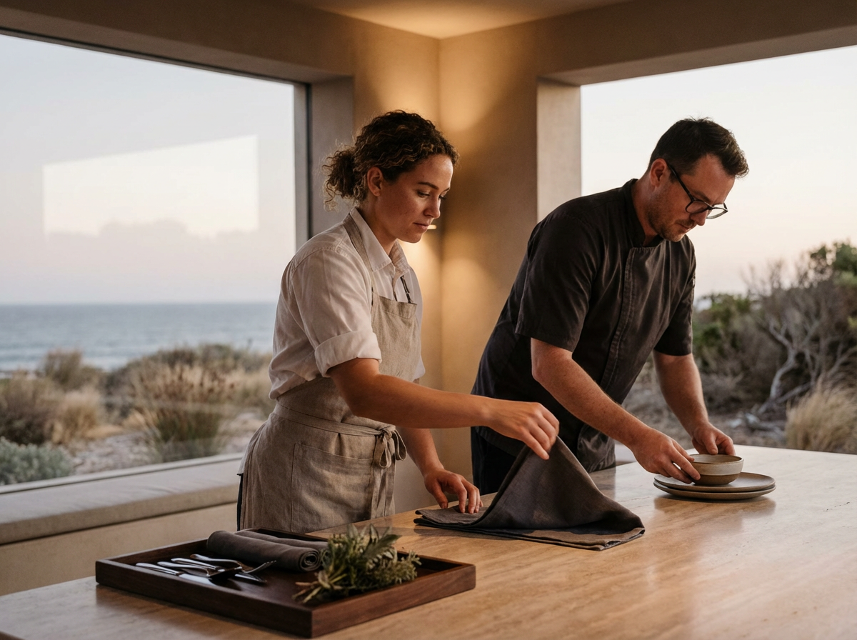 A woman and a man setting the table in a bright room with large windows showing an outdoor landscape, including the ocean and sky at sunset.