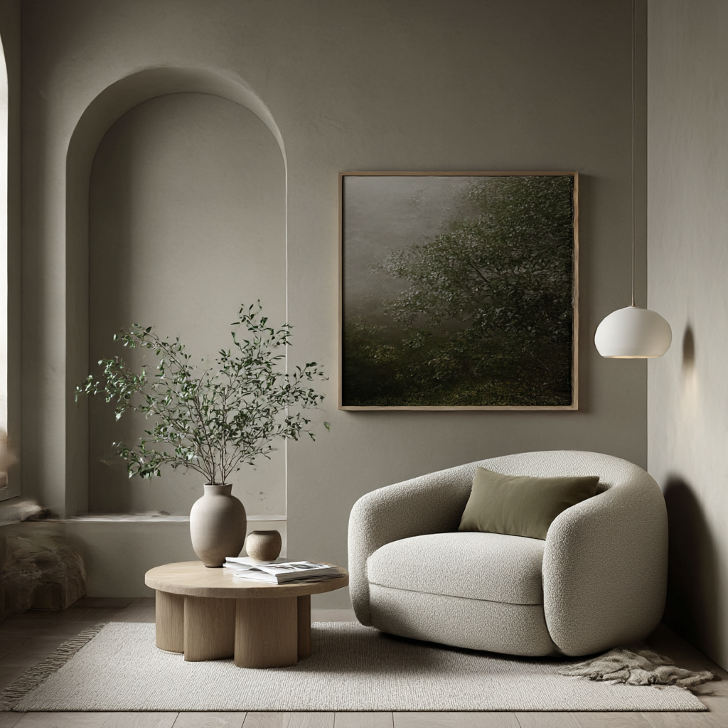 Minimalist living room with arched doorway, reflecting the Inspired Space Living aesthetic