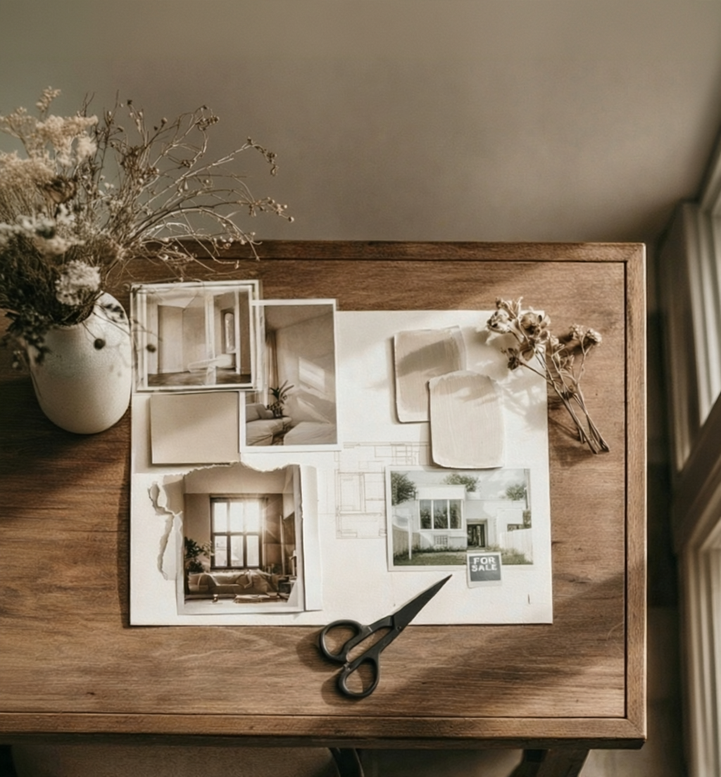 Vision board with dried flowers, photos, and scissors for the Dream Space Process