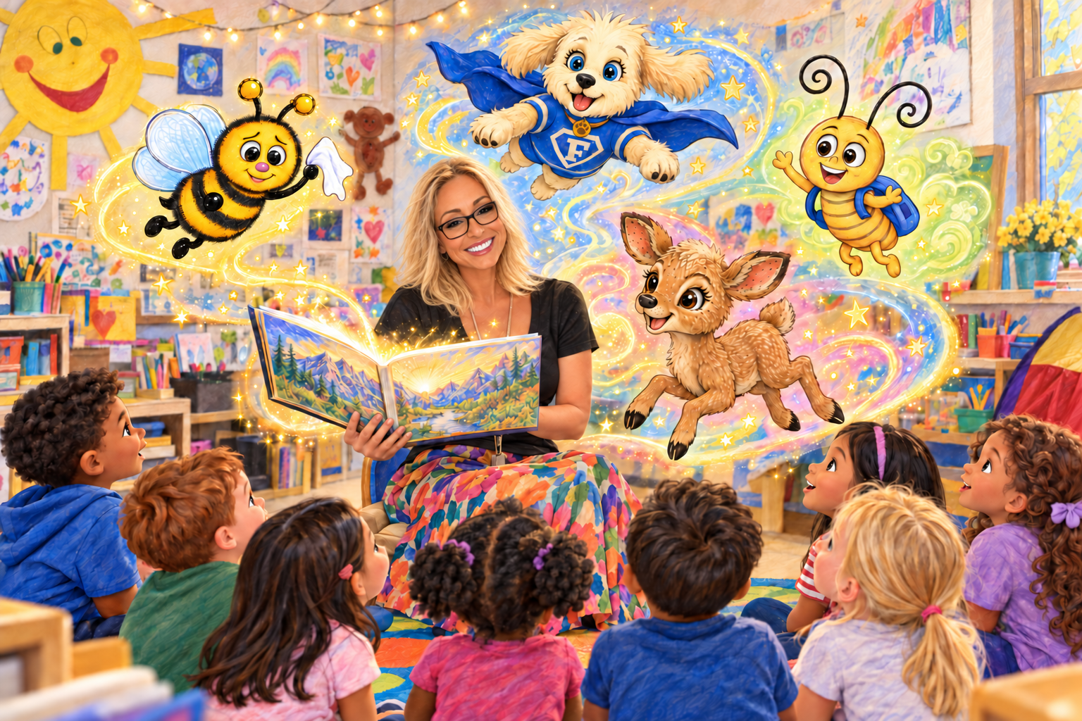 A woman reading a storybook to a group of children in a colorful classroom. The scene features animated characters such as a flying puppy dressed as a superhero, a cheerful bee, a cute fawn, and a bunny with a backpack, all surrounded by stars and swirls of colorful light.