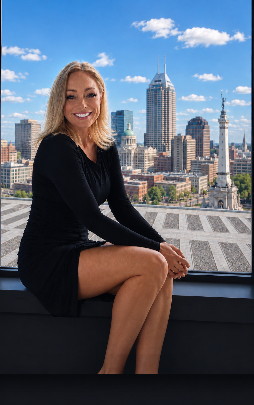 A woman with blonde hair smiling, sitting by a window with a city skyline behind her, including various tall buildings and a clear blue sky with scattered clouds.
