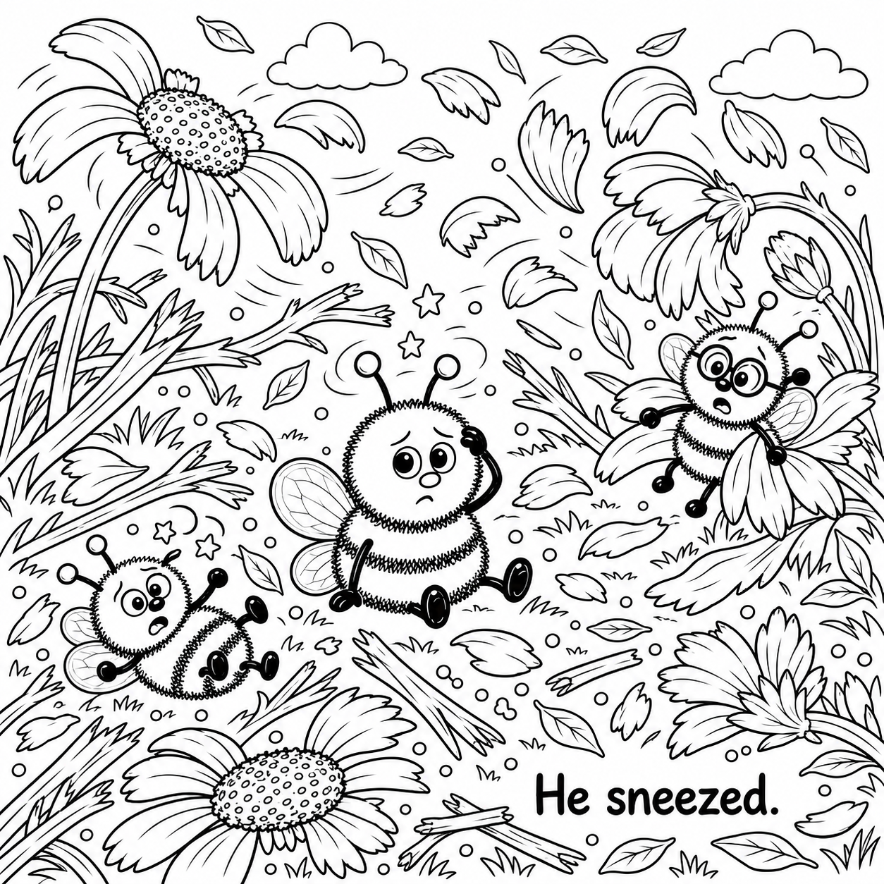 Black and white coloring page with three cheerful cartoon bees among flowers, leaves, clouds, and stars. The bees have large eyes and antennae, and one is sneezing.