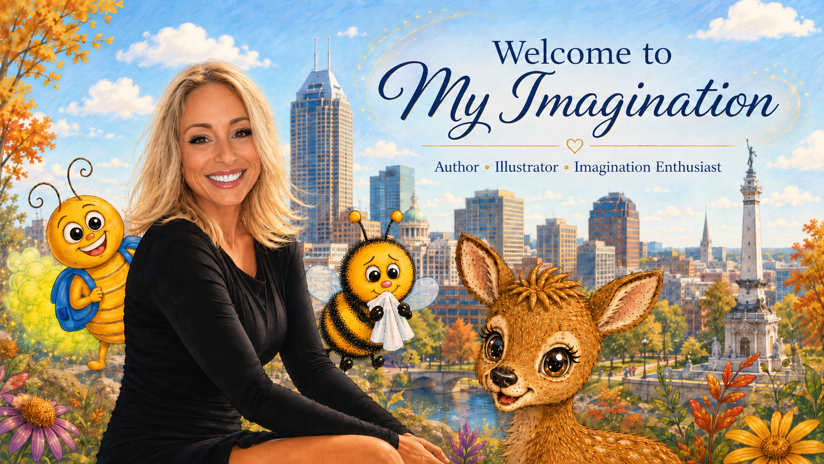 A woman sitting outdoors in front of a digitally illustrated cityscape with trees and a river, surrounded by colorful flowers and animated bees and a deer. The scene promotes a book titled 'Welcome to My Imagination,' with the author identified as an illustrator and imagination enthusiast.