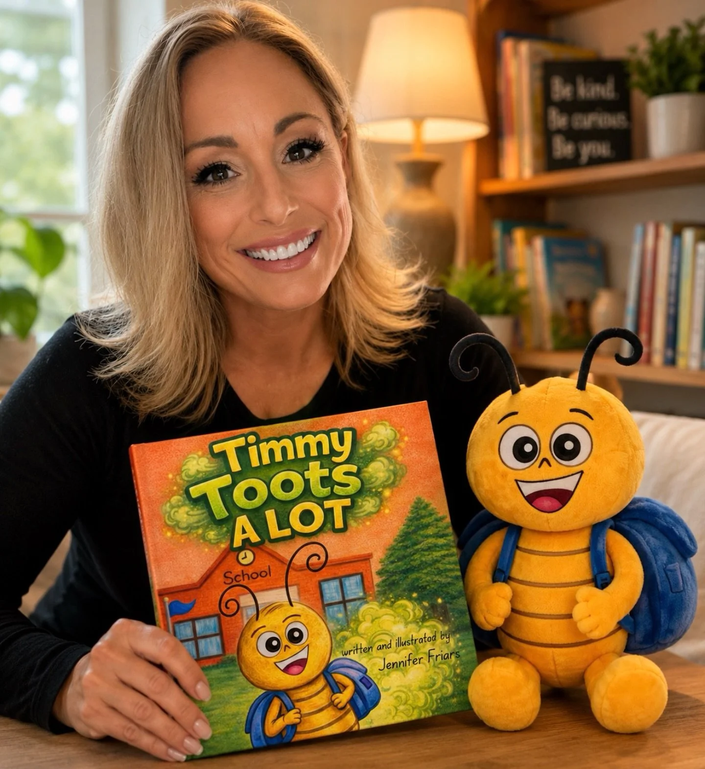 A woman smiling while holding a children's book titled 'Timmy Toots A Lot' featuring a cartoon character of a smiling, yellow, bee-like creature. The woman is sitting at a table with a yellow, plush, cartoon bee toy backpack next to her in a cozy, well-lit room with books and a lamp in the background.