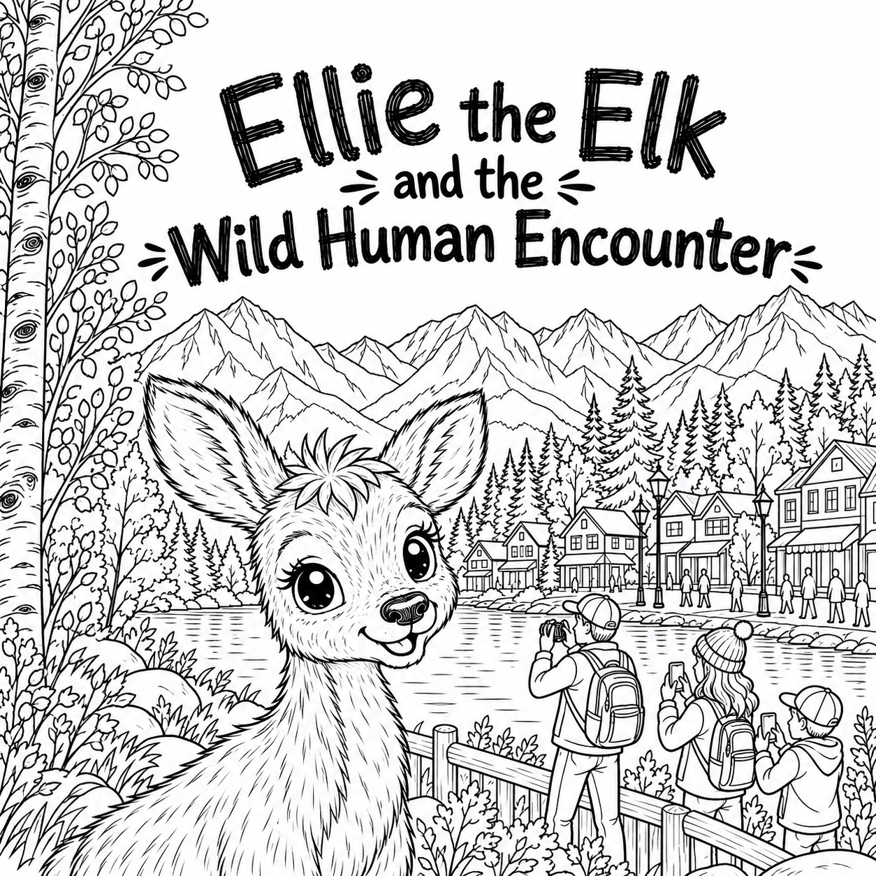 Coloring page featuring Ellie the Elk in a mountain landscape with trees, a river, and a small town with houses, people, and wildlife.