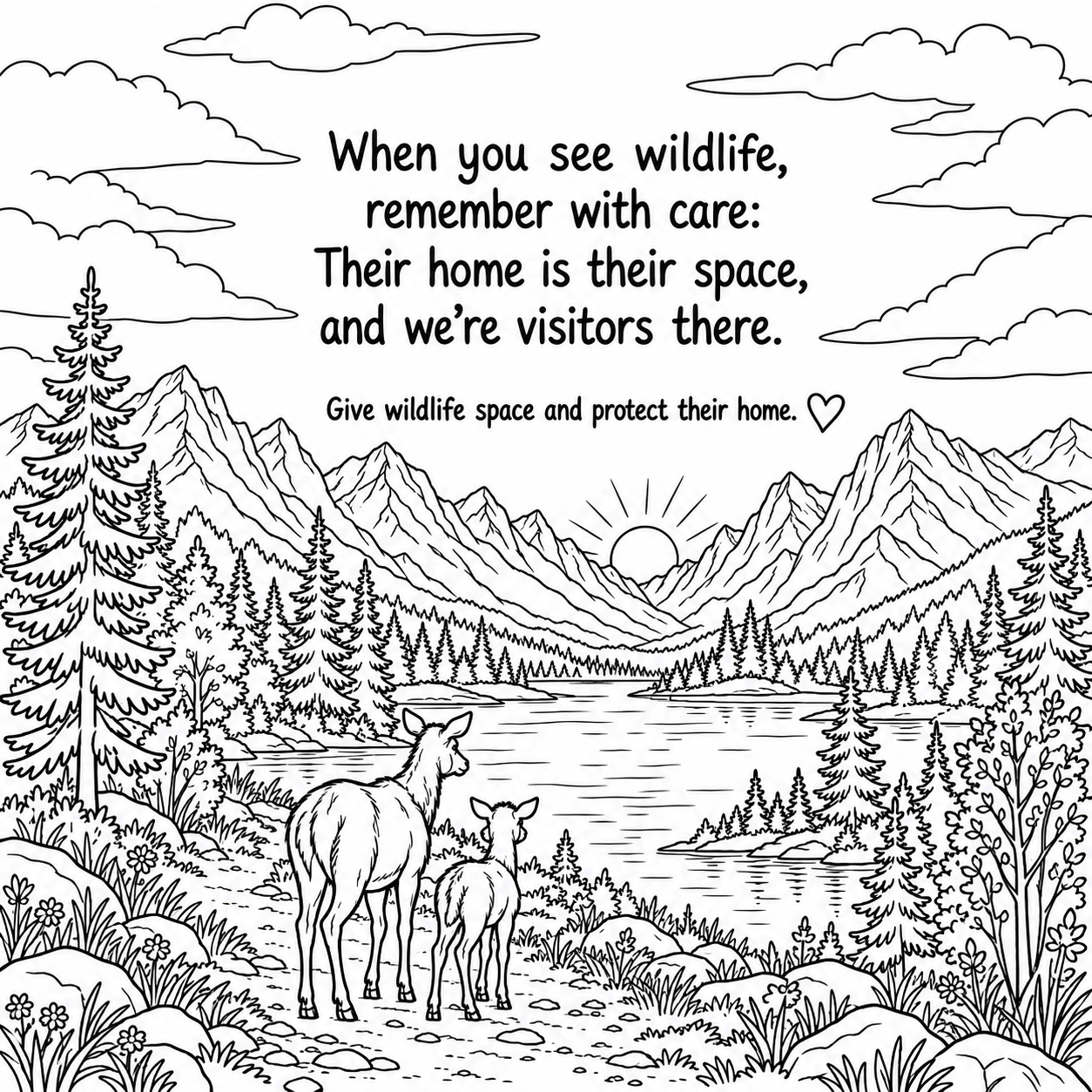 Line drawing of a mountain landscape with a lake, trees, a deer and a fawn, and a sunrise in the distance, accompanied by a message promoting wildlife protection.