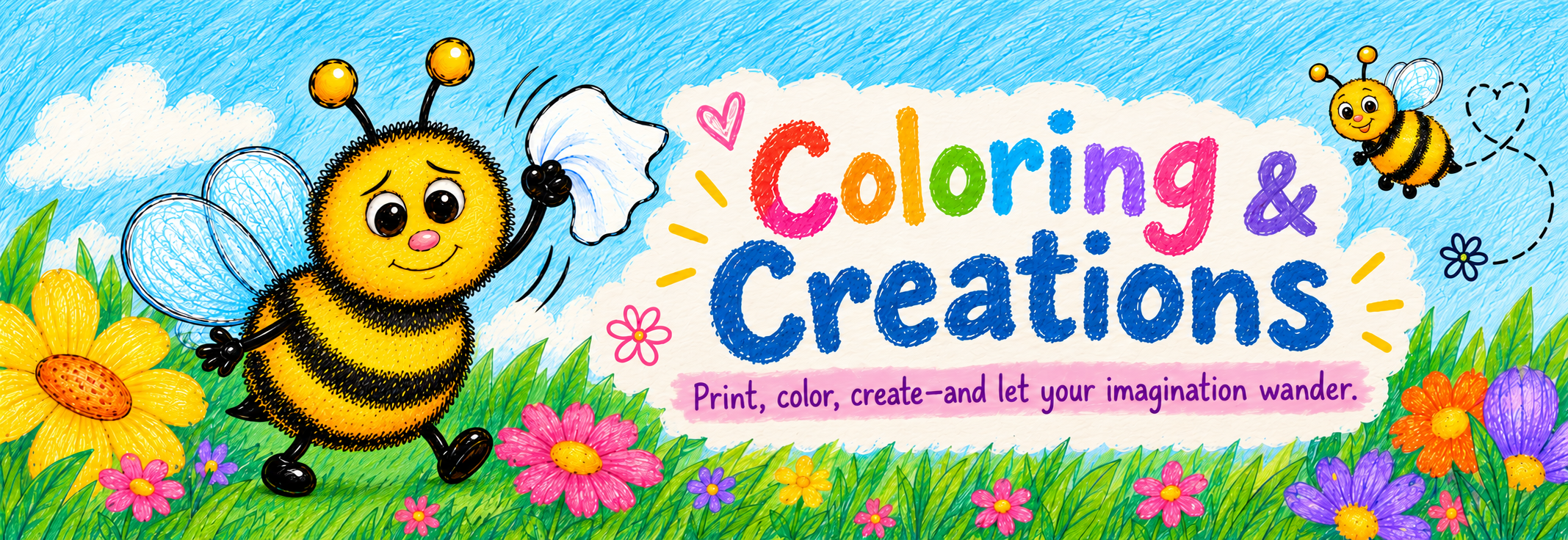 Coloring book cover with a cartoon bee holding a white flower and surrounded by colorful flowers and a smaller flying bee outdoors under a blue sky with clouds.