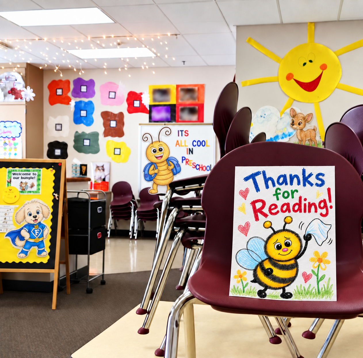 Decorated preschool classroom with colorful wall art, a large smiling sun, animal cutouts, stacked chairs, and signs thanking children for reading, featuring a bee and dog character.