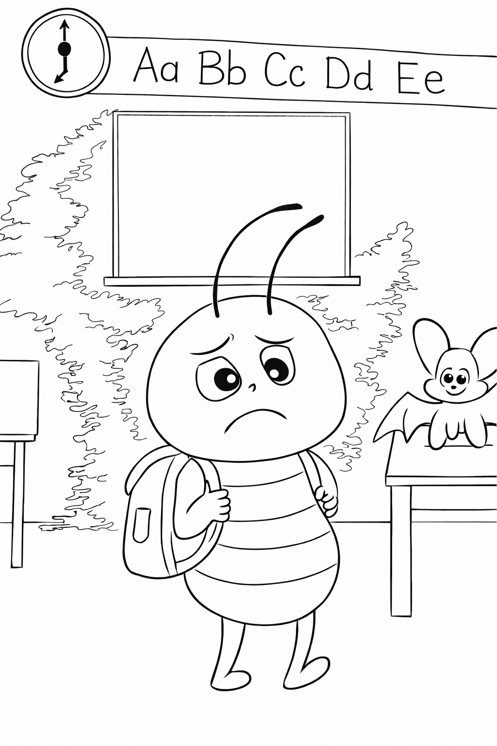 A black-and-white illustration of a young insect with large eyes and antennae, standing outside a school. The insect looks sad and carries a backpack. There are trees, a blank chalkboard, and a cute bat on a table nearby.
