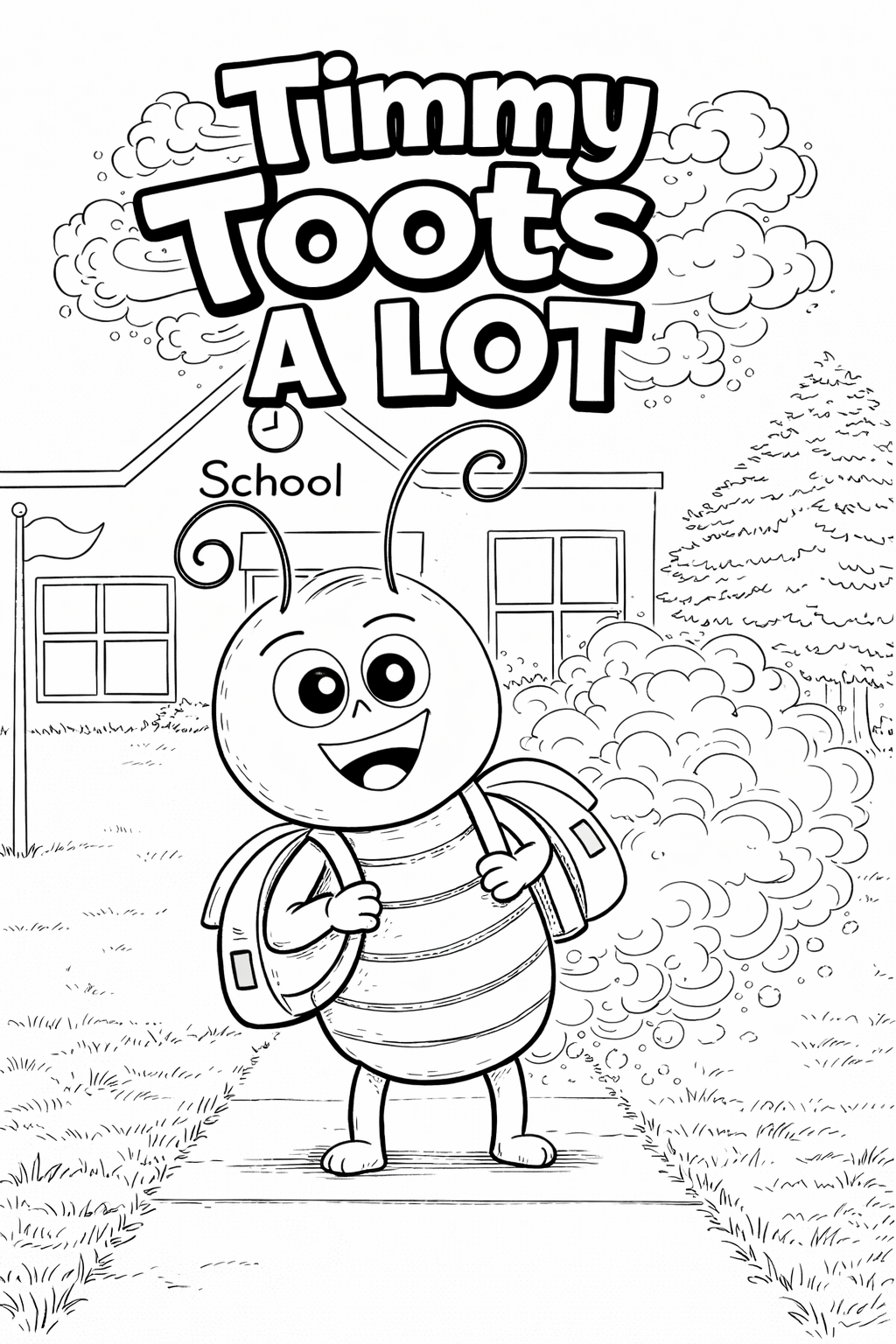Black and white coloring page featuring a cheerful bug with large eyes and antennae carrying a backpack, standing in front of a school building with trees and clouds in the background. The text reads "Timmy Toots A Lot" at the top.