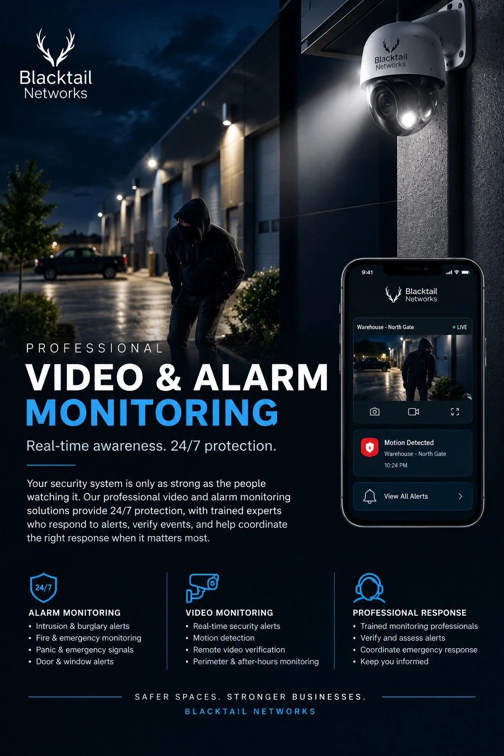 A promotional poster for Blacktail Networks showcasing professional video and alarm monitoring services, featuring a security camera, a smartphone displaying security alerts, and a person in a hoodie at night outside a warehouse.