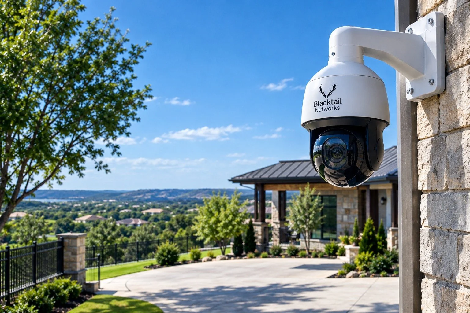 Security camera mounted on the exterior wall of a house with a landscaped yard and view of a neighborhood in the distance.