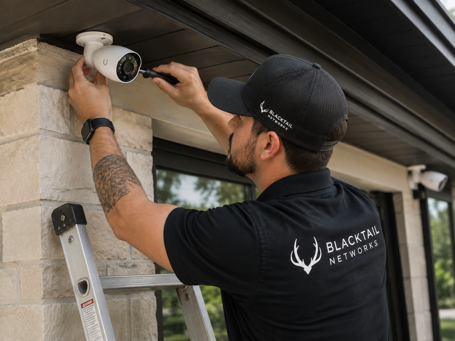 A technician installing or repairing a security camera on the exterior of a building, wearing a black shirt and cap with 'Blacktail Networks' logo, standing on a ladder.
