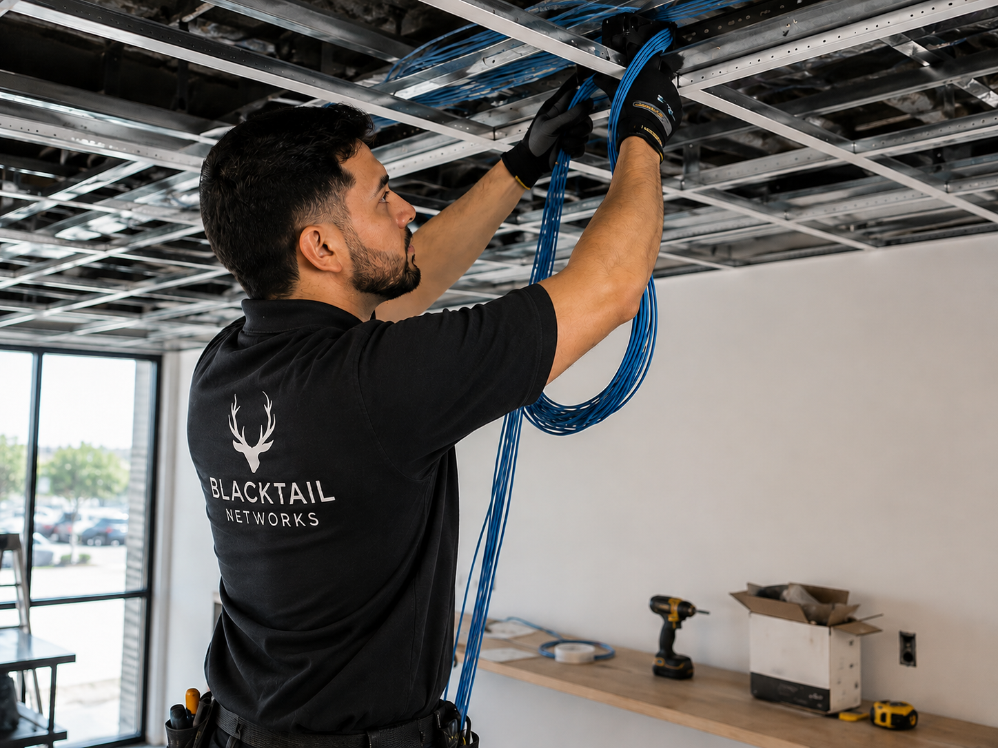 Man working on ceiling wiring, wearing a black polo shirt with 'Blacktail Networks' logo, in a room with construction tools on a wooden counter and large window.