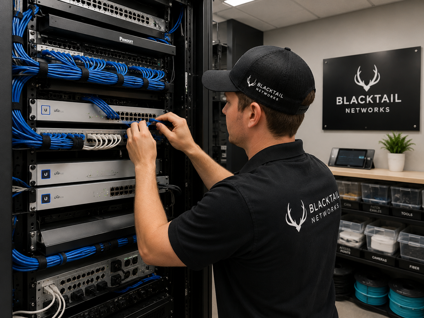 A man working on network cables in a server room, wearing a black polo shirt and cap with Blacktail Networks logo, with a Blacktail Networks sign and organized networking tools in the background.