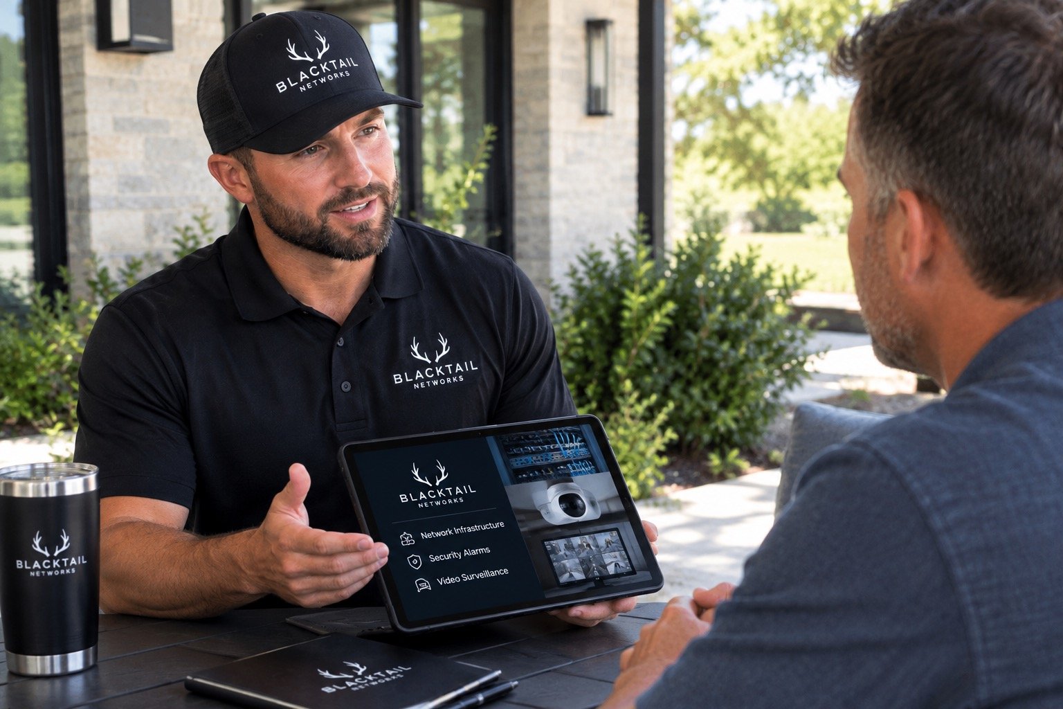 Two men at a table outdoors. One man, wearing a Blacktail Networks cap and shirt, shows a tablet with network security images and text to the other man. There is a black tumbler and a closed laptop with the Blacktail Networks logo on the table.