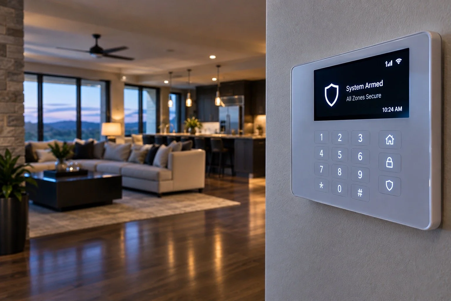 Smart security system panel mounted on a wall in a modern living room with large windows, a white sofa, and a kitchen in the background.