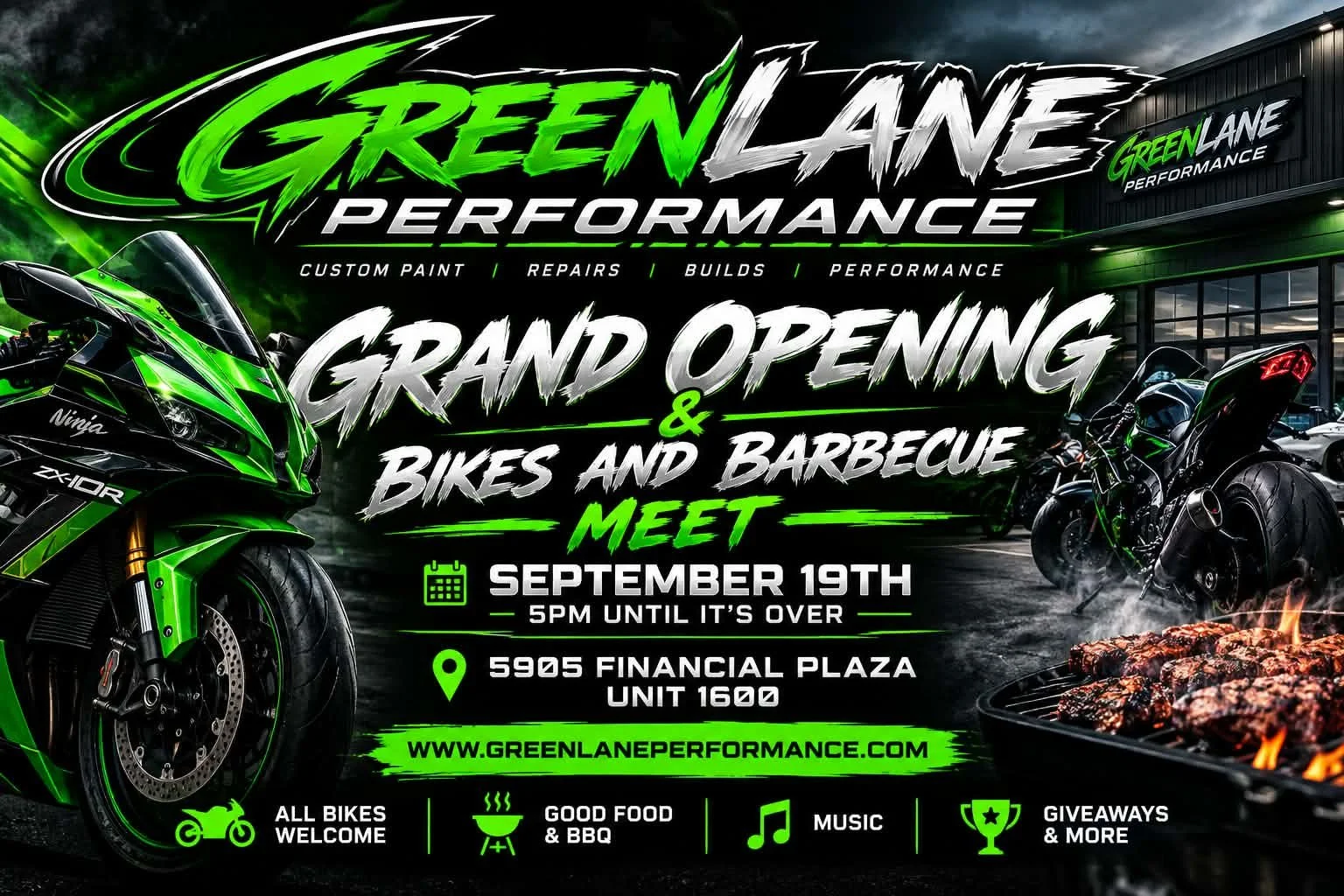 Announcement poster for Green Lane Performance grand opening event featuring motorcycles, barbecue grill with meat, and event details including date, time, location, and activities like music and giveaways.