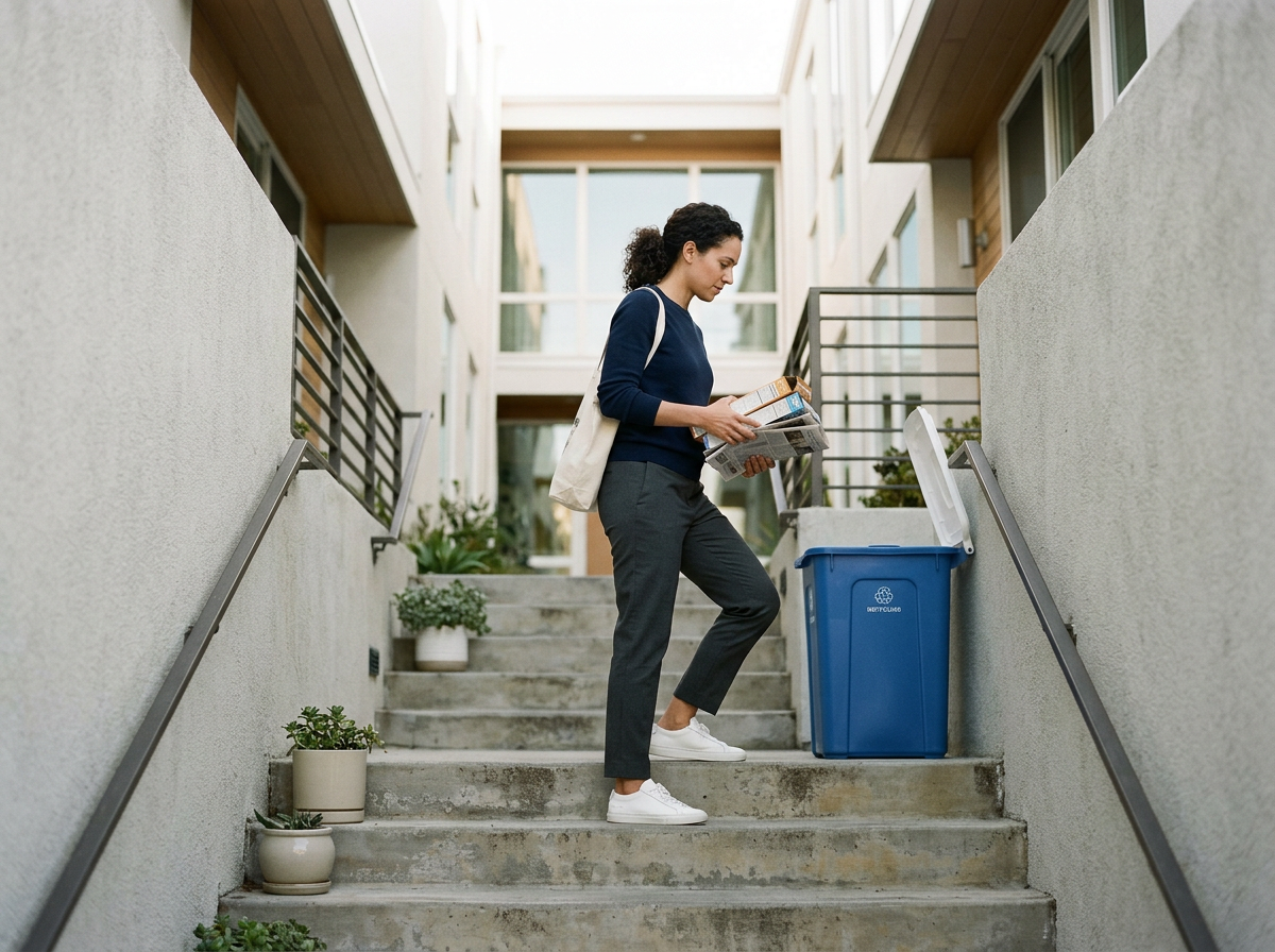 A woman recycling in an open air condo complex