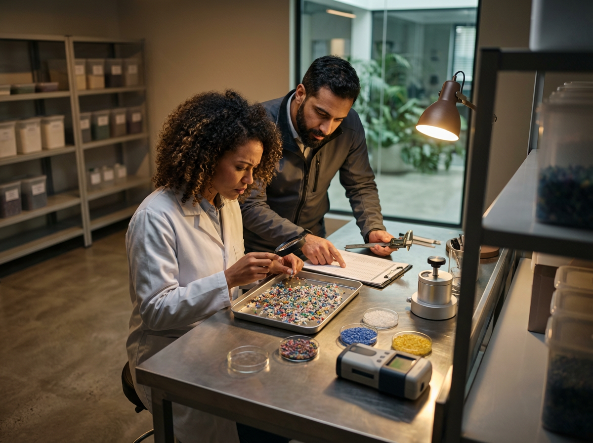 Two scientists in a laboratory examining colorful beads and materials for jewelry making or material analysis, with scientific tools and a notepad on the table.