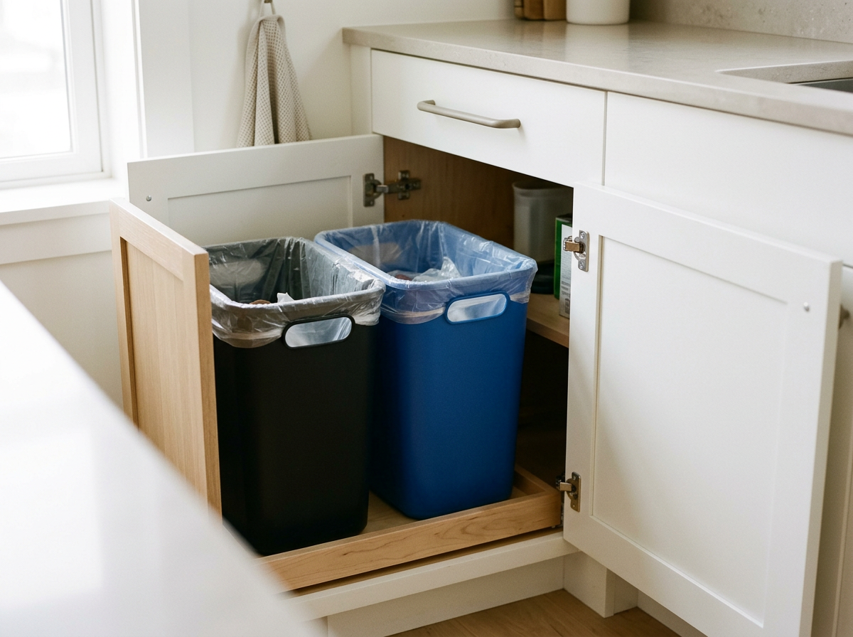A black 10 gallon trash bin and a blue 10 gallon trash bin inside a kitchen cabinet