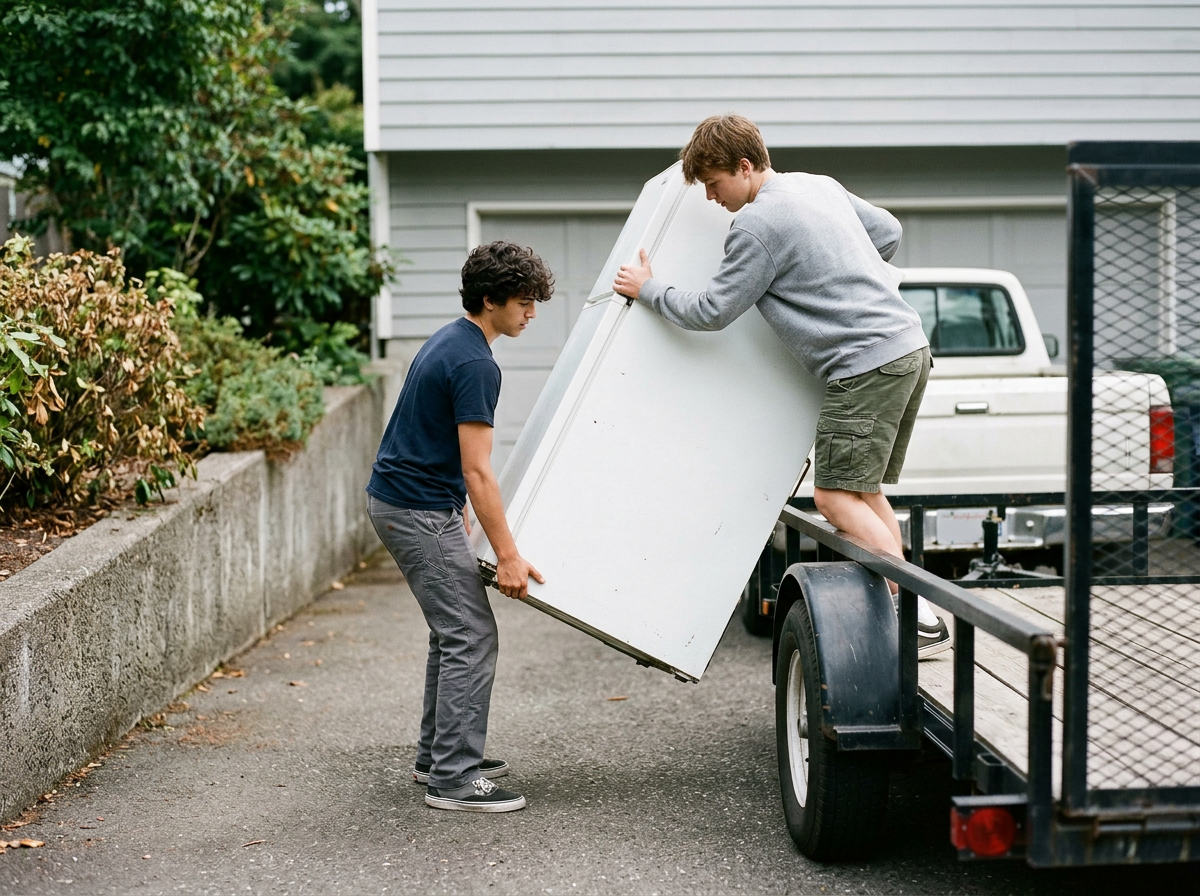 Two high school aged boys loading a refrigerator from a driveway onto a trailer