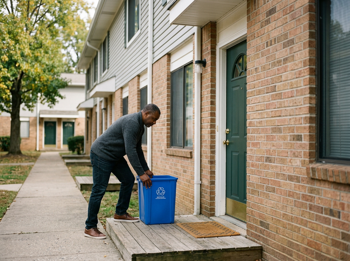 A man putting his recycling bin on his front porch