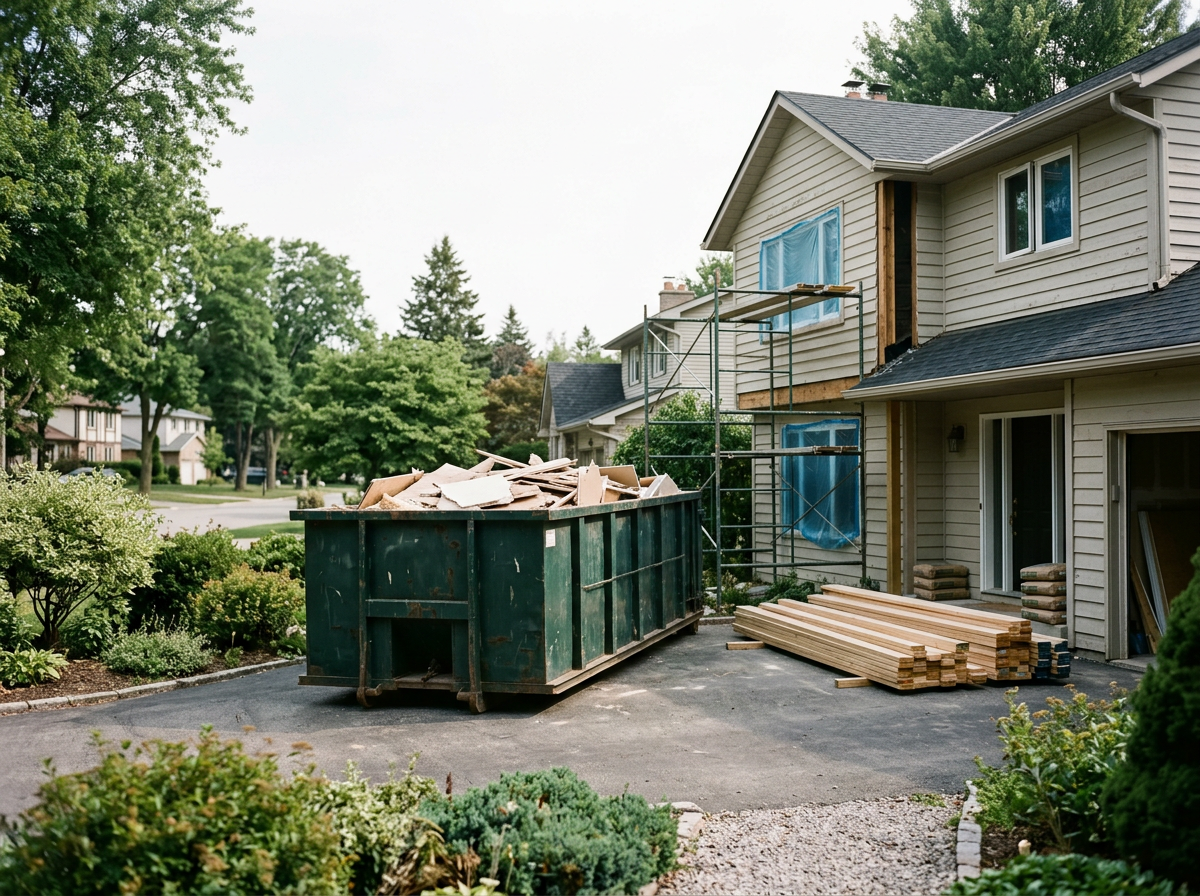 Large commercial dumpster outside of a renovating home