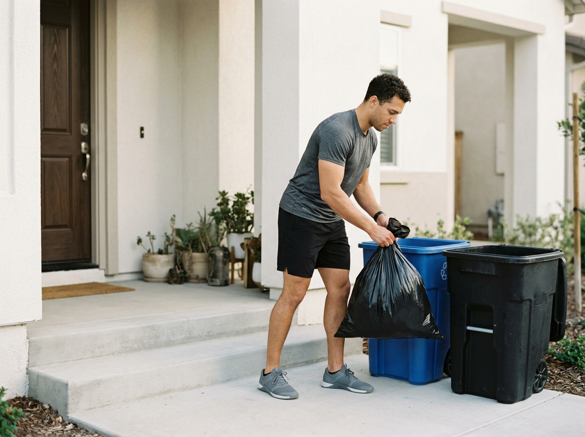 Athletic man doorstep trash pickup with a blue trash bin and a black trash bin.
