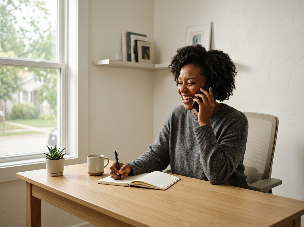 Woman on the phone with a customer laughing and taking notes