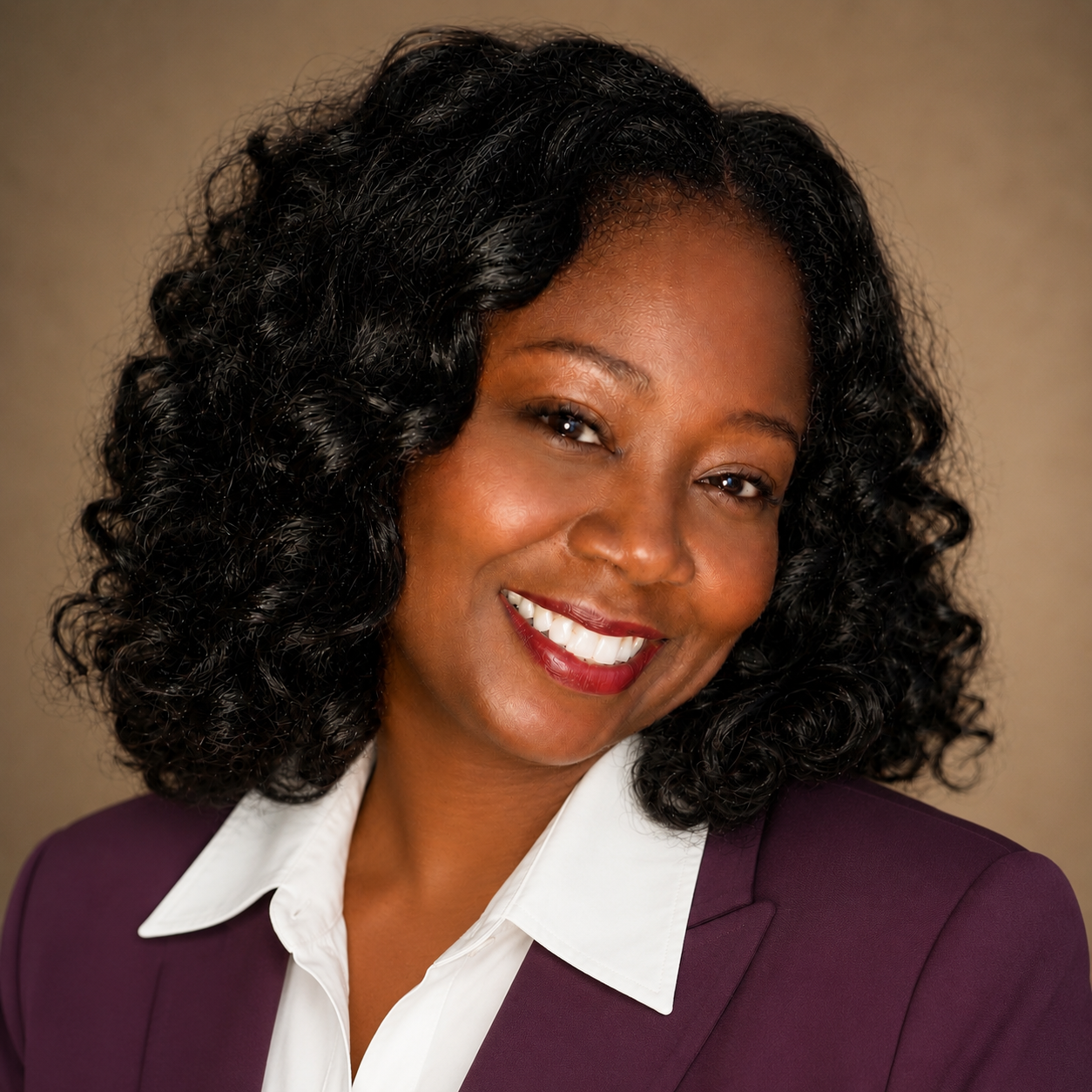 A woman with curly black hair smiling, wearing a white collared shirt and a purple blazer against a neutral background.
