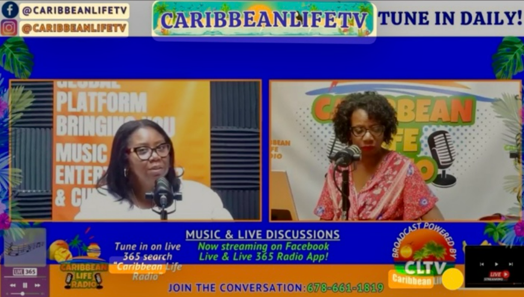 A live radio broadcast features two women with microphones, discussing music and entertainment on Caribbean Life TV. The background includes colorful banners with text about Caribbean culture, streaming on Facebook and the Live & Live 365 Radio App. The top banner reads 'Caribbean Life TV, Tune in Daily!' and the bottom banner offers a phone number to join the conversation.
