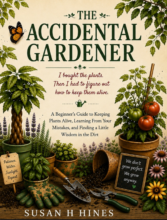 Book cover titled "The Accidental Gardener" by Susan H Hines. The cover features various potted plants, gardening tools, a chalkboard sign, and decorative flowers and leaves. Text includes "I bought the plants. Then I had to figure out how to keep them alive" and "A Beginner's Guide to Keeping Plants Alive, Learning From Your Mistakes, and Finding a Little Wisdom in the Dirt."