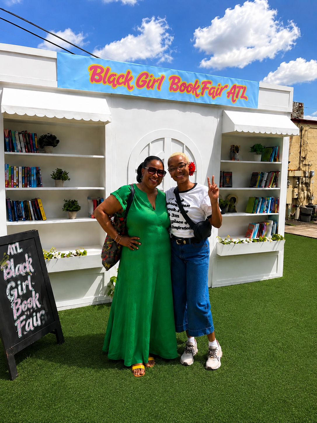 Two women standing in front of a white book display booth at the Black Girl Book Fair Atlanta, smiling and making peace signs. One woman is in a green dress with sunglasses, and the other in a white T-shirt with glasses and a red flower hair accessory. The booth has books and potted plants, and there is a blackboard sign with the event name.