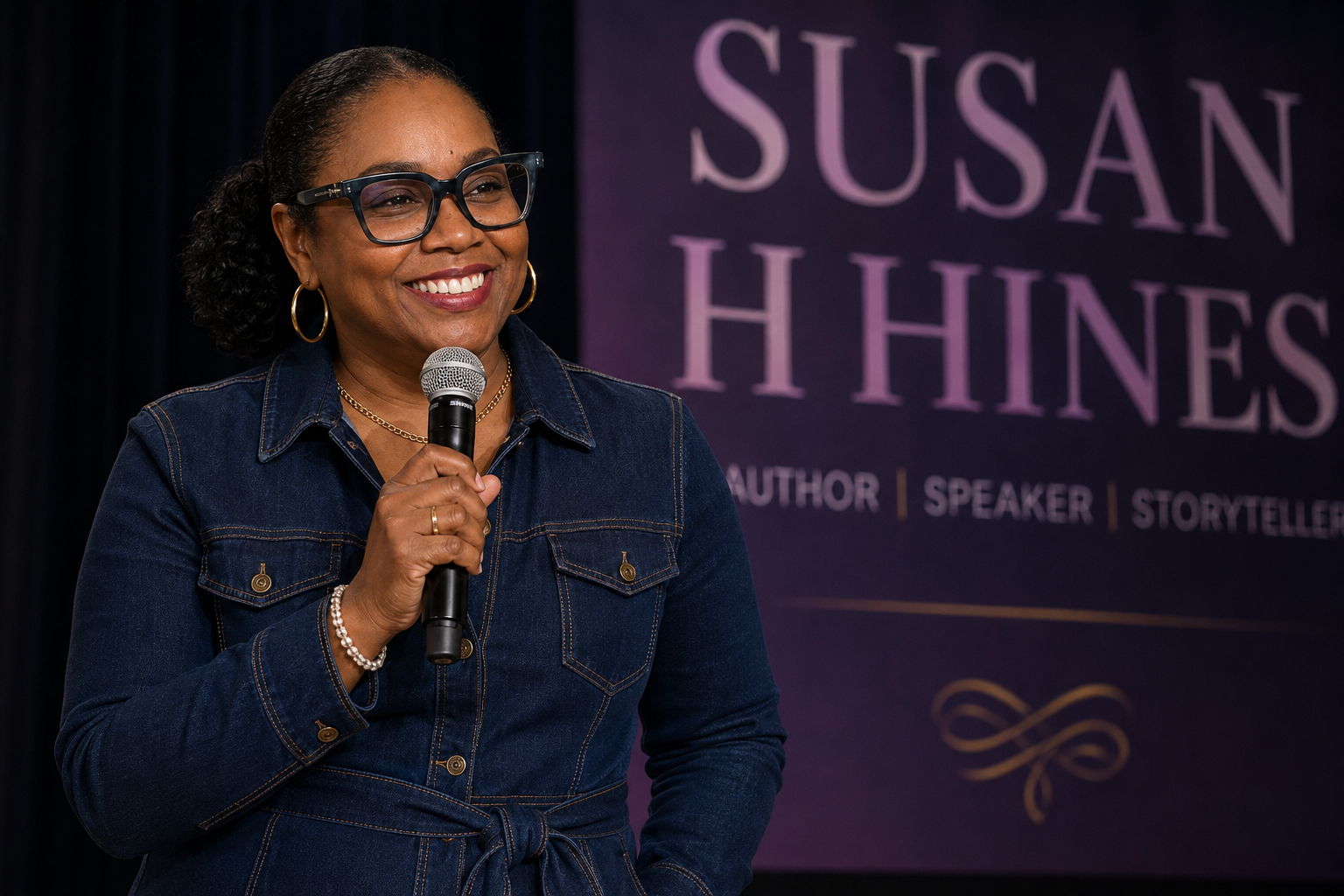A woman wearing glasses, a denim jacket, and jewelry is smiling and holding a microphone on stage. Behind her is a dark curtain and a purple sign with the text 'Susan Hines' and her roles as author, speaker, and storyteller.