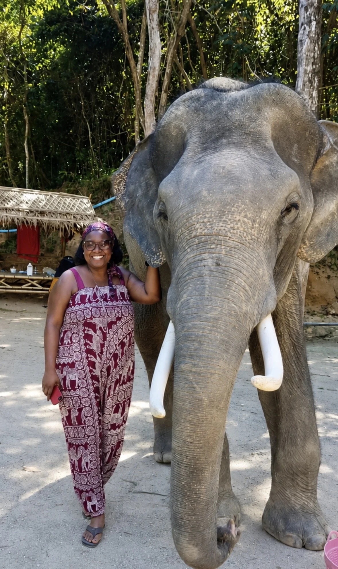 A woman with glasses and a purple headscarf, smiling and standing next to an elephant, holding its trunk, on a sandy outdoor area with trees and a bamboo hut in the background.