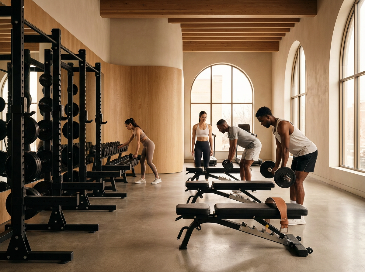 Four people working out in a spacious gym with large arched windows, wooden ceiling beams, and a variety of exercise equipment including dumbbells, barbells, and weight benches.