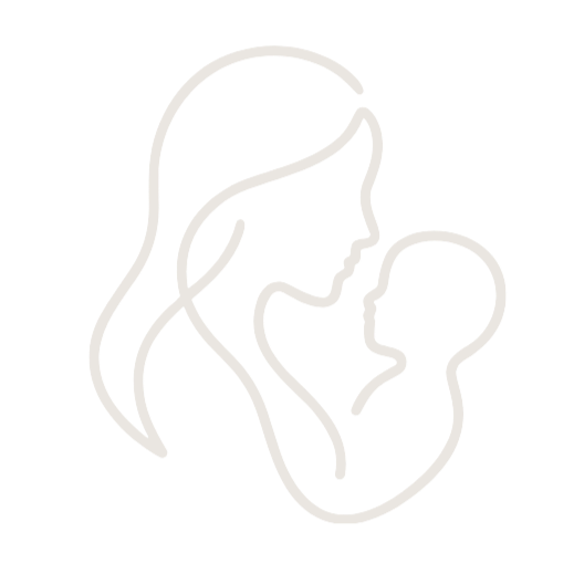 White line-art silhouette of a mother embracing a baby on a black background