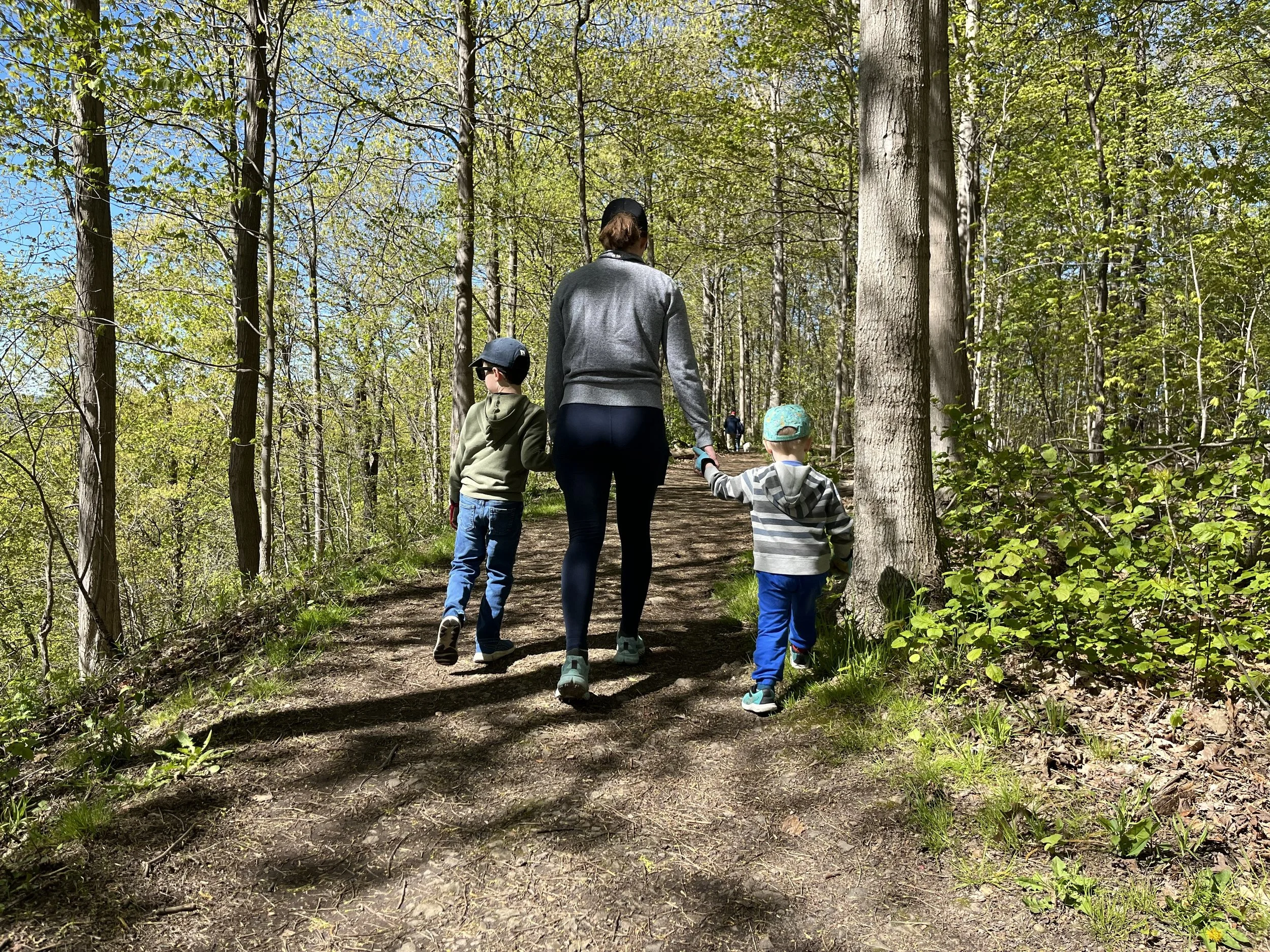 Parent walking with two children on a sunny wooded hiking trail