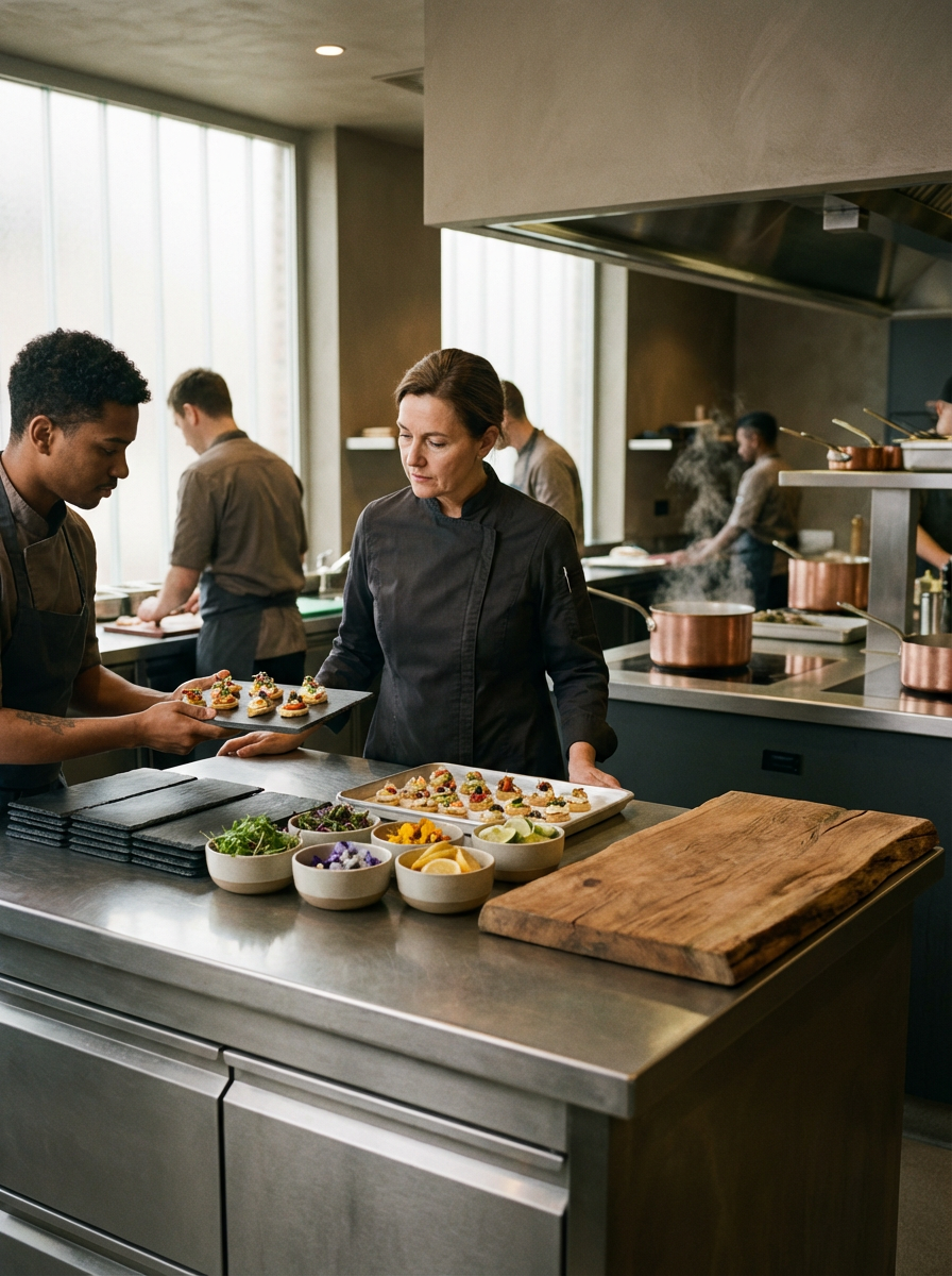 Chef and kitchen staff preparing bite-sized appetizers in a modern industrial kitchen, with stainless steel counters and copper cookware.
